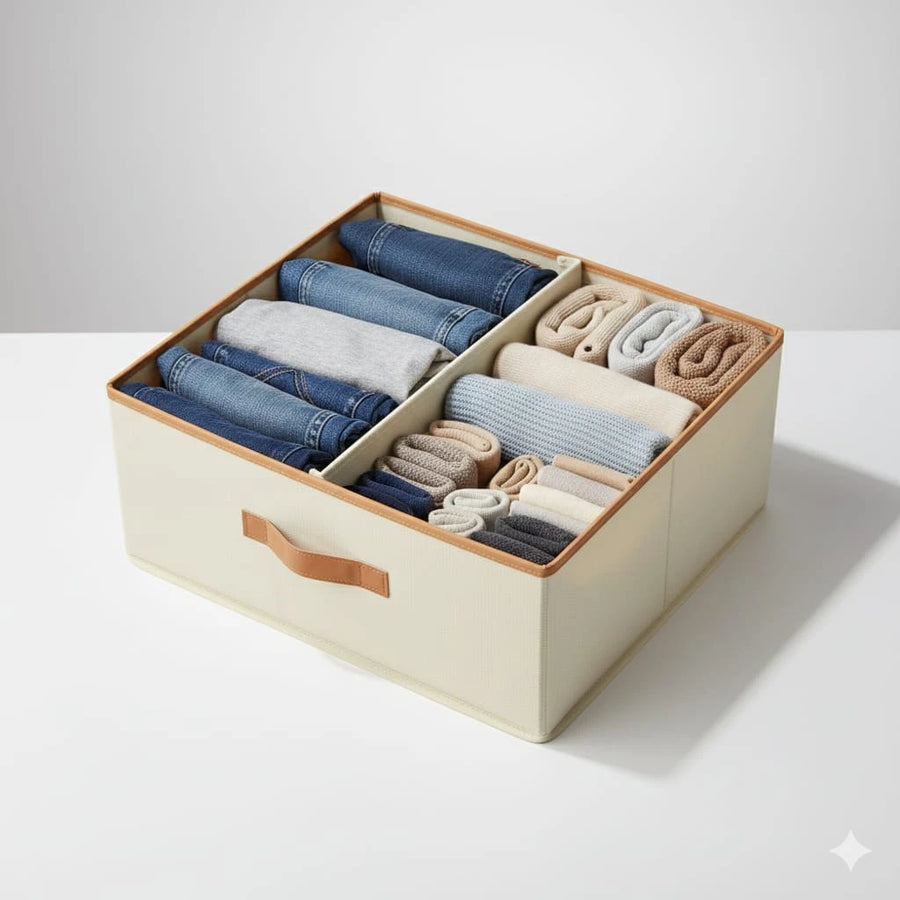 Foldable Clothes Organizer Box with 2 Sections – beige Non-Woven Wardrobe & Underbed Storage 50 × 40 × 20 cm
