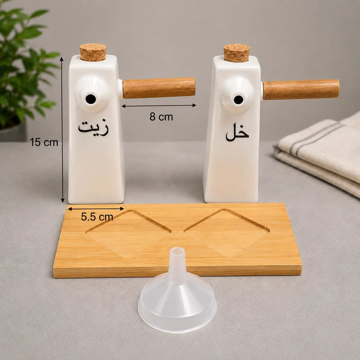 Oil And Vinegar Dispenser Set Porcelain Bottles With Wooden Handles And Bamboo Tray