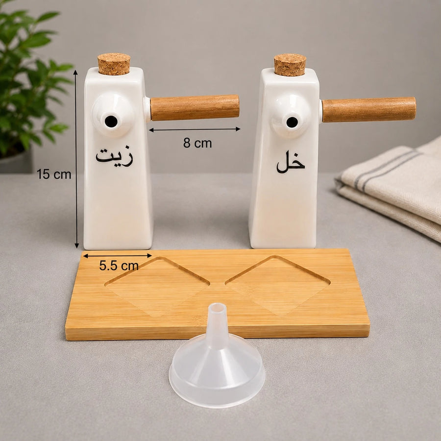 Oil And Vinegar Dispenser Set Porcelain Bottles With Wooden Handles And Bamboo Tray