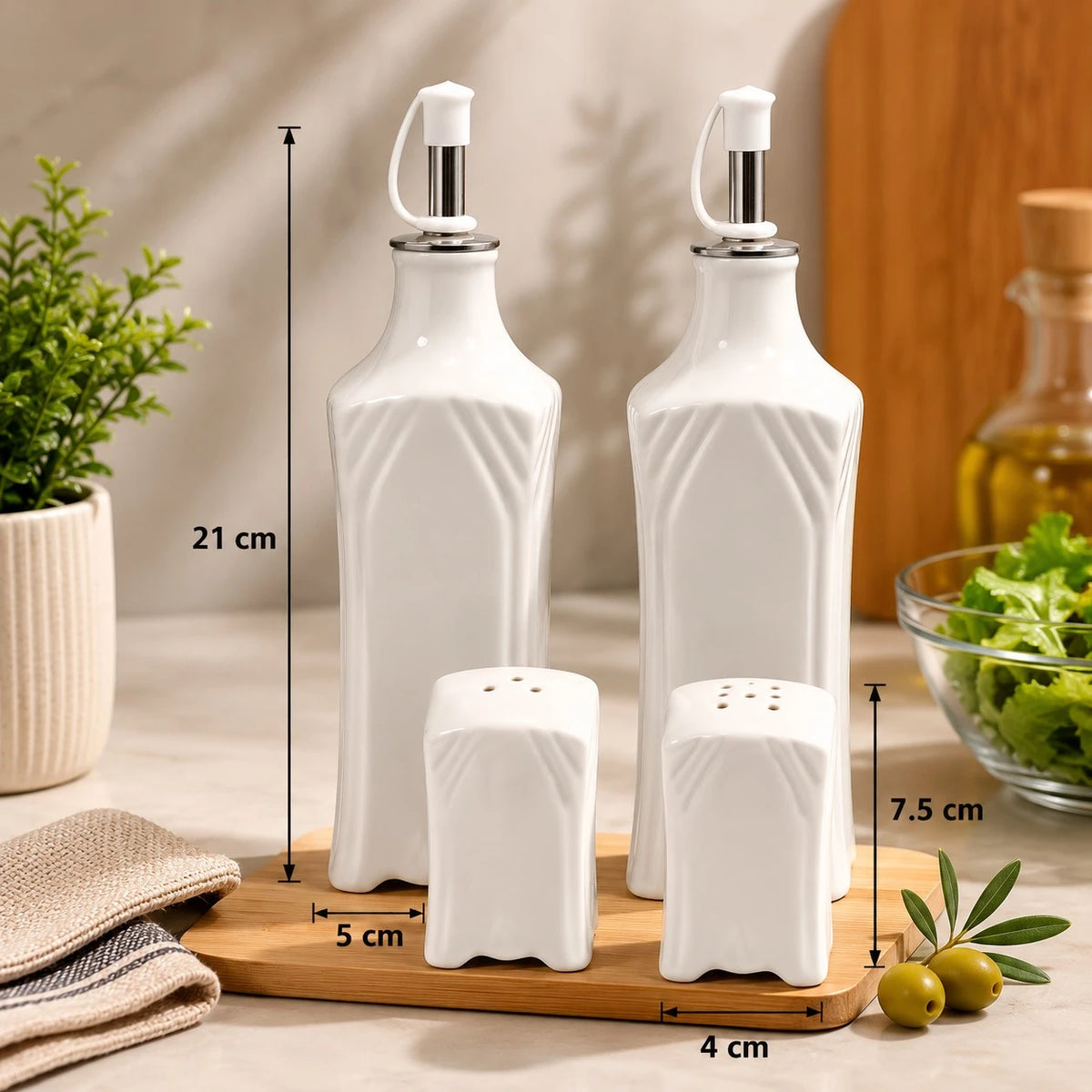Porcelain Oil Vinegar Salt And Pepper Set Kitchen Condiment Dispenser Bottles With Bamboo Holder - Image 1