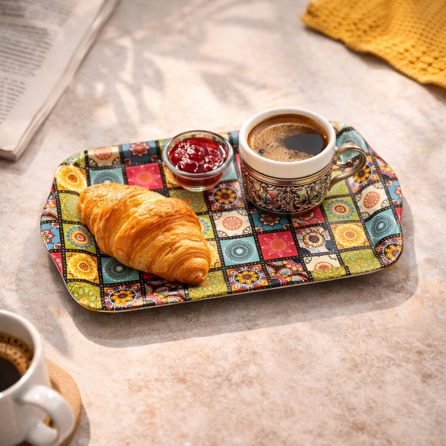 Turkish Small Serving Tray Metal Tray Mandala Ottoman Mosaic Design Coffee Breakfast Snack Tray Rectangular Decorative Tray Assorted