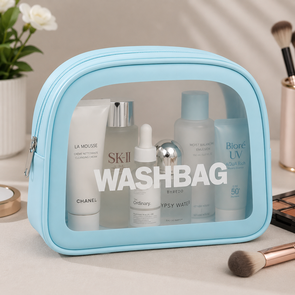 Blue Minimalist Transparent Washbag Pouch Travel Cosmetic Toiletry Organizer