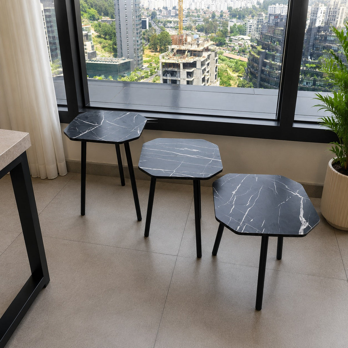3 Piece Nesting Side Table Set with Wooden Top Aluminum Legs Modern Living Room Coffee Tables