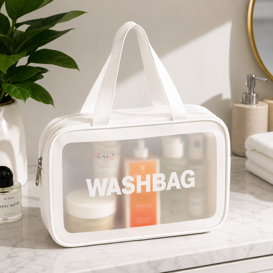 White Large Transparent Washbag Travel Toiletry Cosmetic Makeup Organizer with Handles