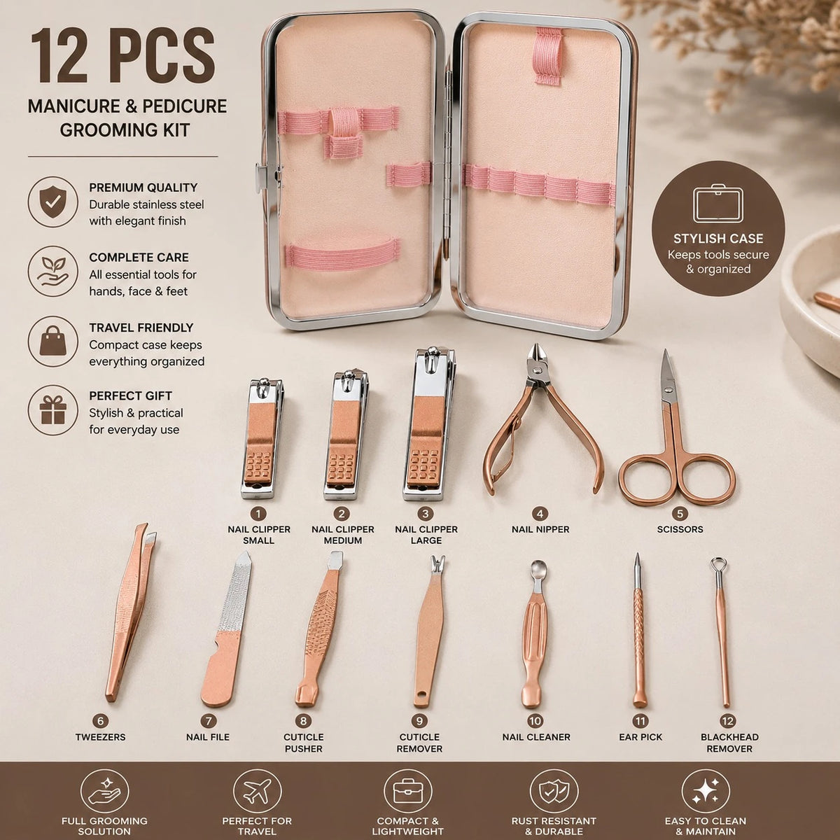 Manicure Pedicure Grooming Kit 12 PCS Rose Gold Stainless Steel Nail Care Travel Set with Portable Storage Case Professional Personal Care Tools - Image 2