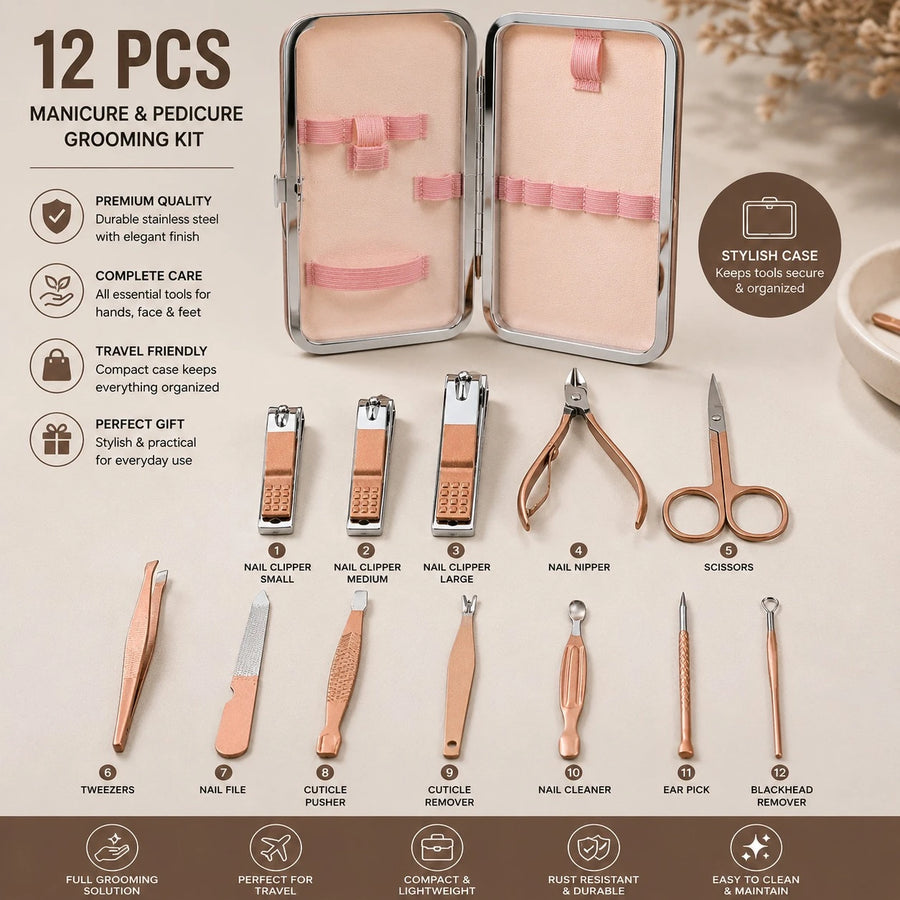 Manicure Pedicure Grooming Kit 12 PCS Rose Gold Stainless Steel Nail Care Travel Set with Portable Storage Case Professional Personal Care Tools