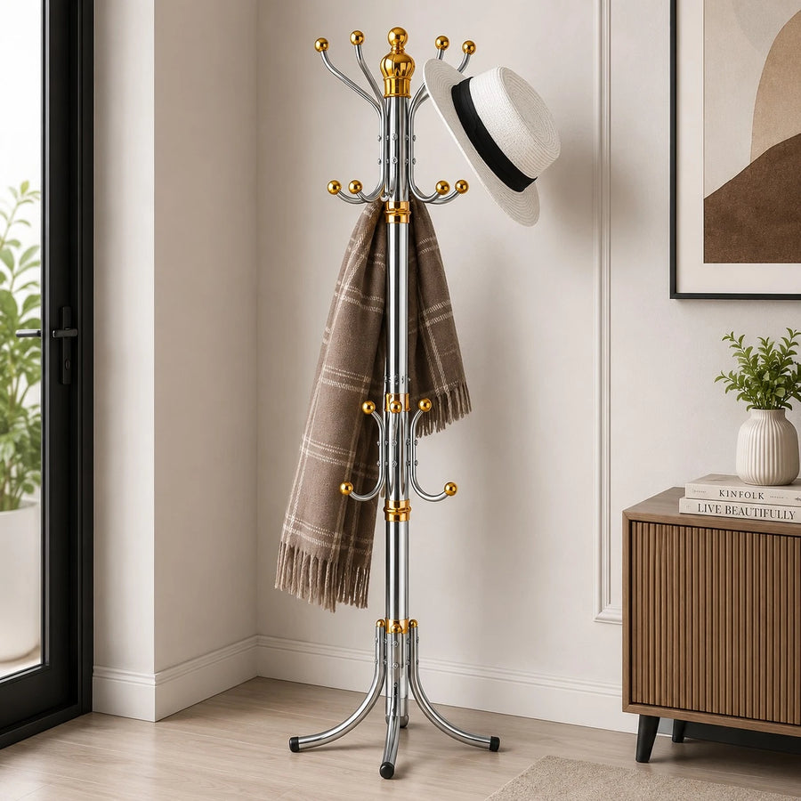 Stainless Steel Coat Rack Stand 12 Hook Entryway Bedroom Clothes Hanger Organizer