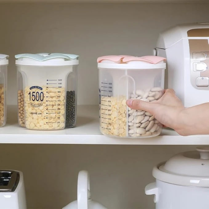1500ml Multi-Compartment Airtight Food Storage Container with Petal-Shaped Pouring Lid for Grains Nuts Cereal and Dry Food