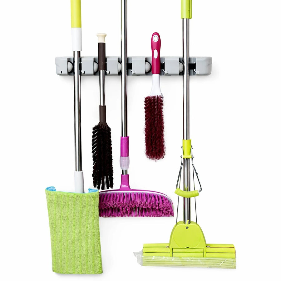 Wall Mounted Mop Broom Holder Organizer With Hooks Heavy Duty Space Saving Cleaning Tools Storage Rack For Home Kitchen Bathroom Garage