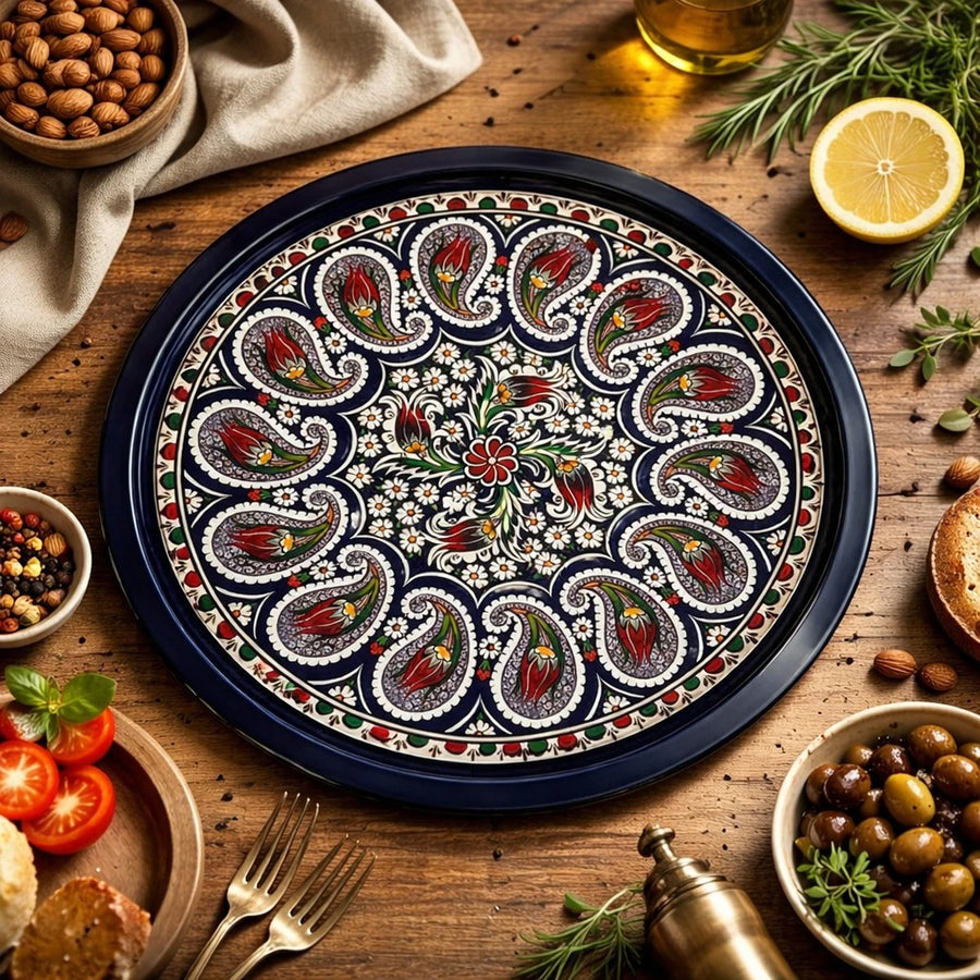 Turkish Metal Tray Serving Tray Round Tray Mandala Coffee Serving Tray Tea Tray Ottoman Floral Tray Decorative Tray Kitchen Serving Tray 35 cm
