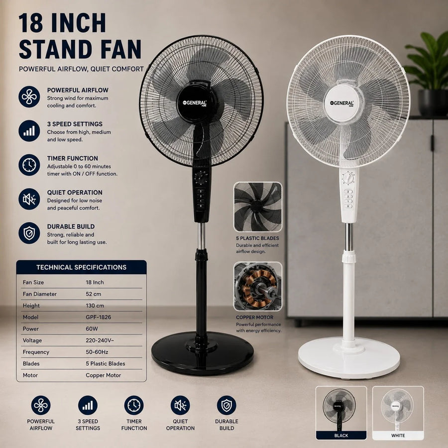 General 18 Inch Stand Fan Pedestal Fan Adjustable Cooling Fan Copper Motor Black