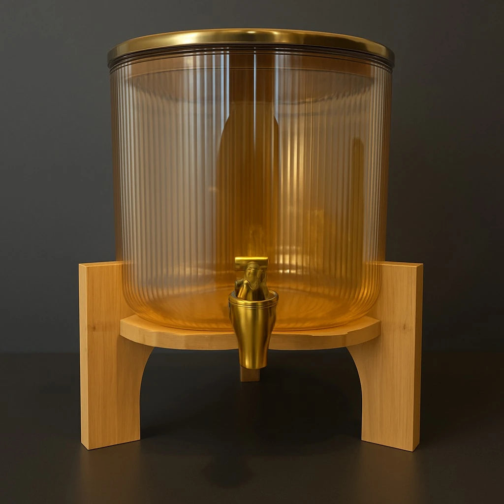 5.5L Amber Glass Drink Dispenser with Wooden Stand – Juice, Water, Orange Detox, Party & Home Beverage Server