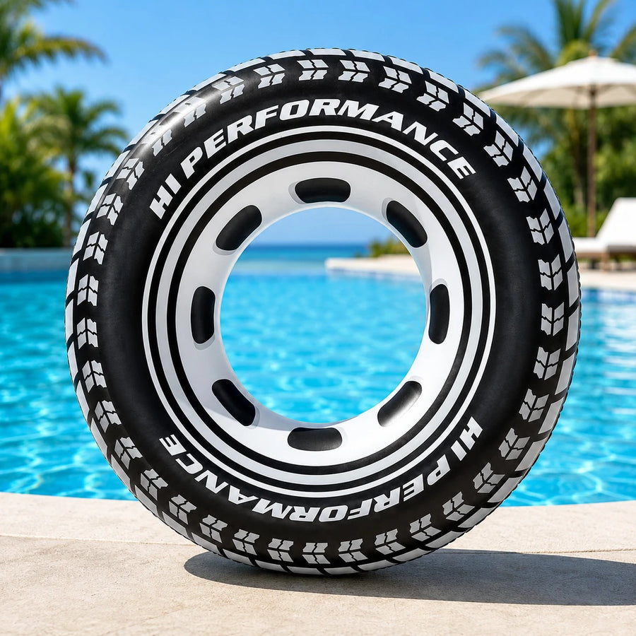 Adult Tire Swim Ring 100 cm Large Inflatable Pool Float with Handles Black and White