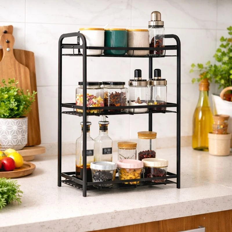 3-Tier Metal Kitchen Countertop Organizer Rack – Spice Rack Shelf, Jar & Bottle Storage Stand, Condiment Holder, Pantry & Cabinet Organizer