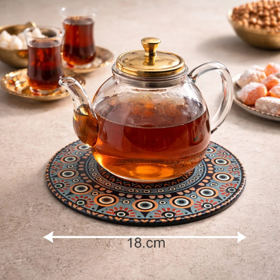 Turkish Round Suplate Heat Resistant Base Mandala Mosaic Design Table Protector Coffee Teapot Kettle Holder Decorative Serving Base 18 cm