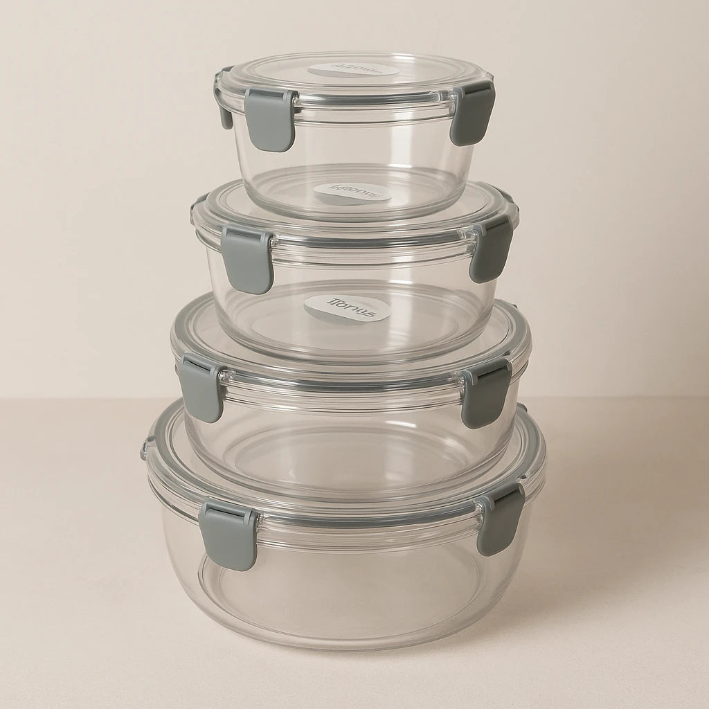 Round Plastic Food Storage Container Set 4 Sizes Airtight Kitchen Pantry Fridge Meal Prep Organizer Containers - Image 1