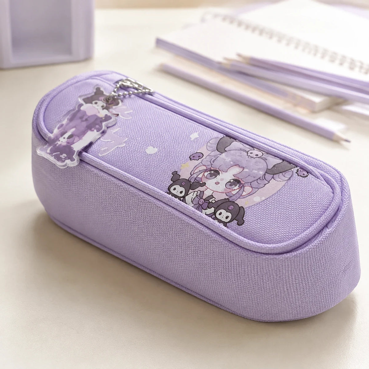 Purple Cute Cartoon School Pencil Case with Character Charm