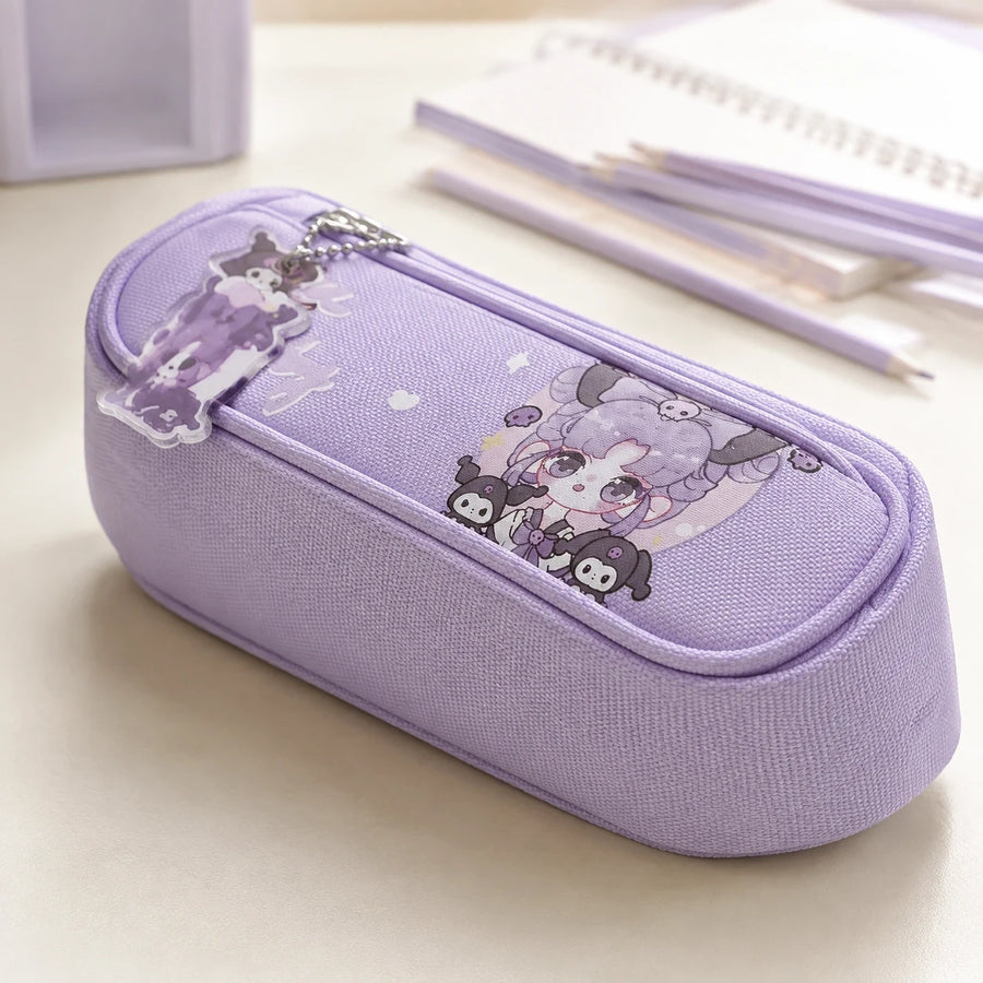 Purple Cute Cartoon School Pencil Case with Character Charm