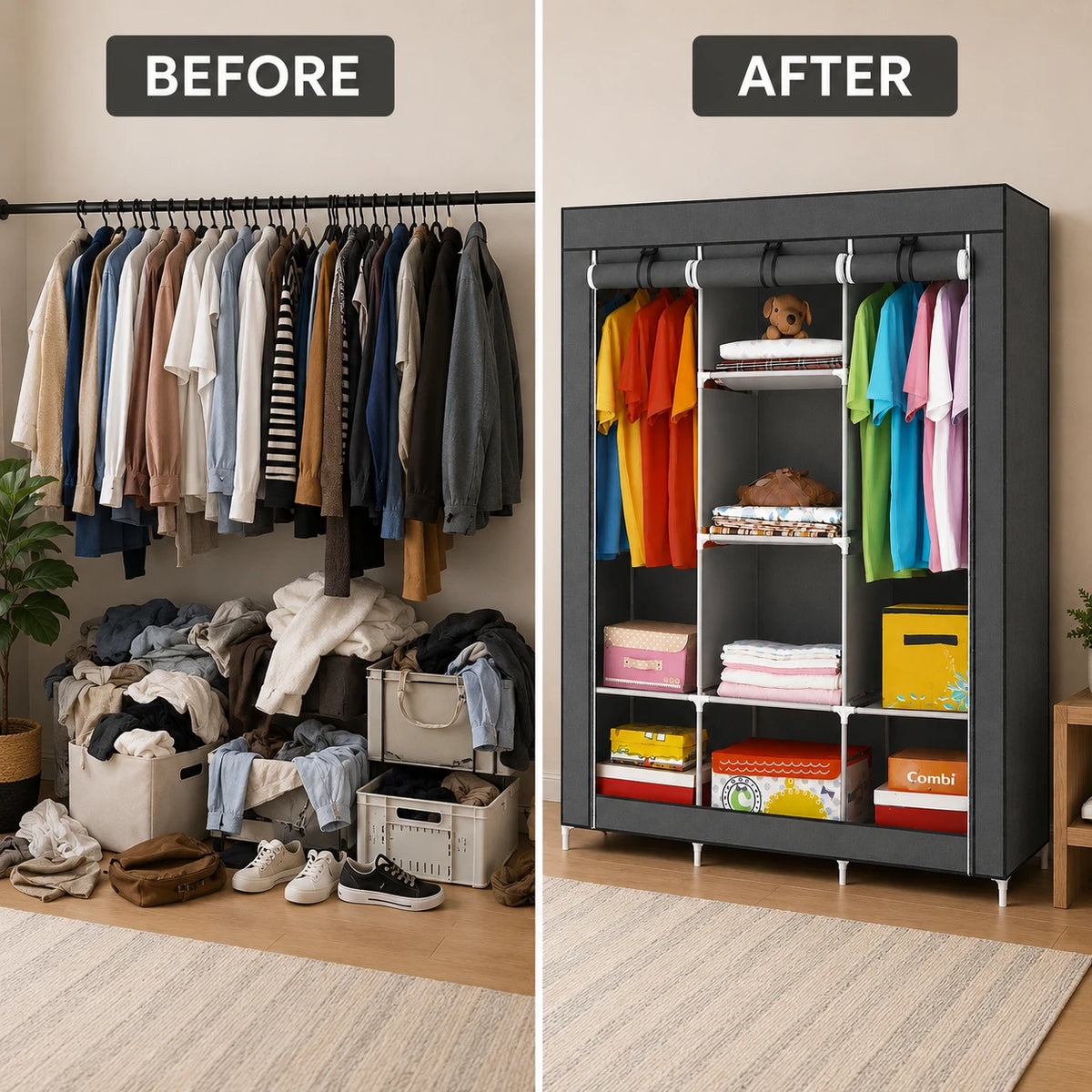 Clothes Organizer Portable Wardrobe Closet Storage Cabinet Hanging Rack Multi Shelf Clothing Organizer