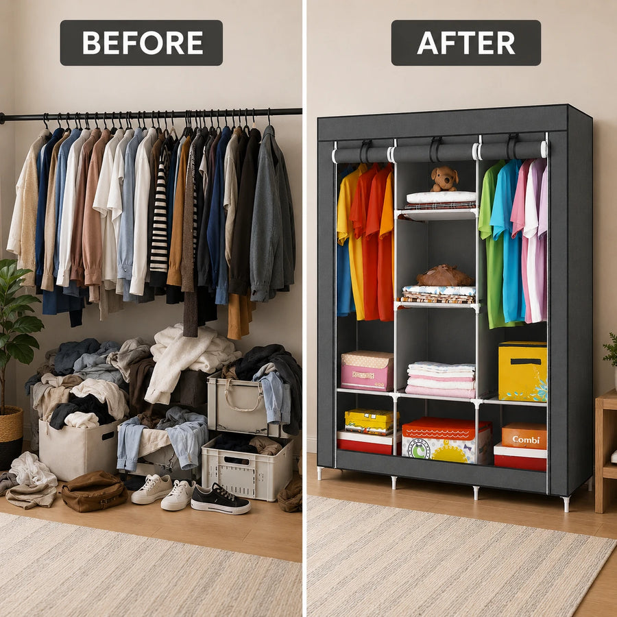 Clothes Organizer Portable Wardrobe Closet Storage Cabinet Hanging Rack Multi Shelf Clothing Organizer
