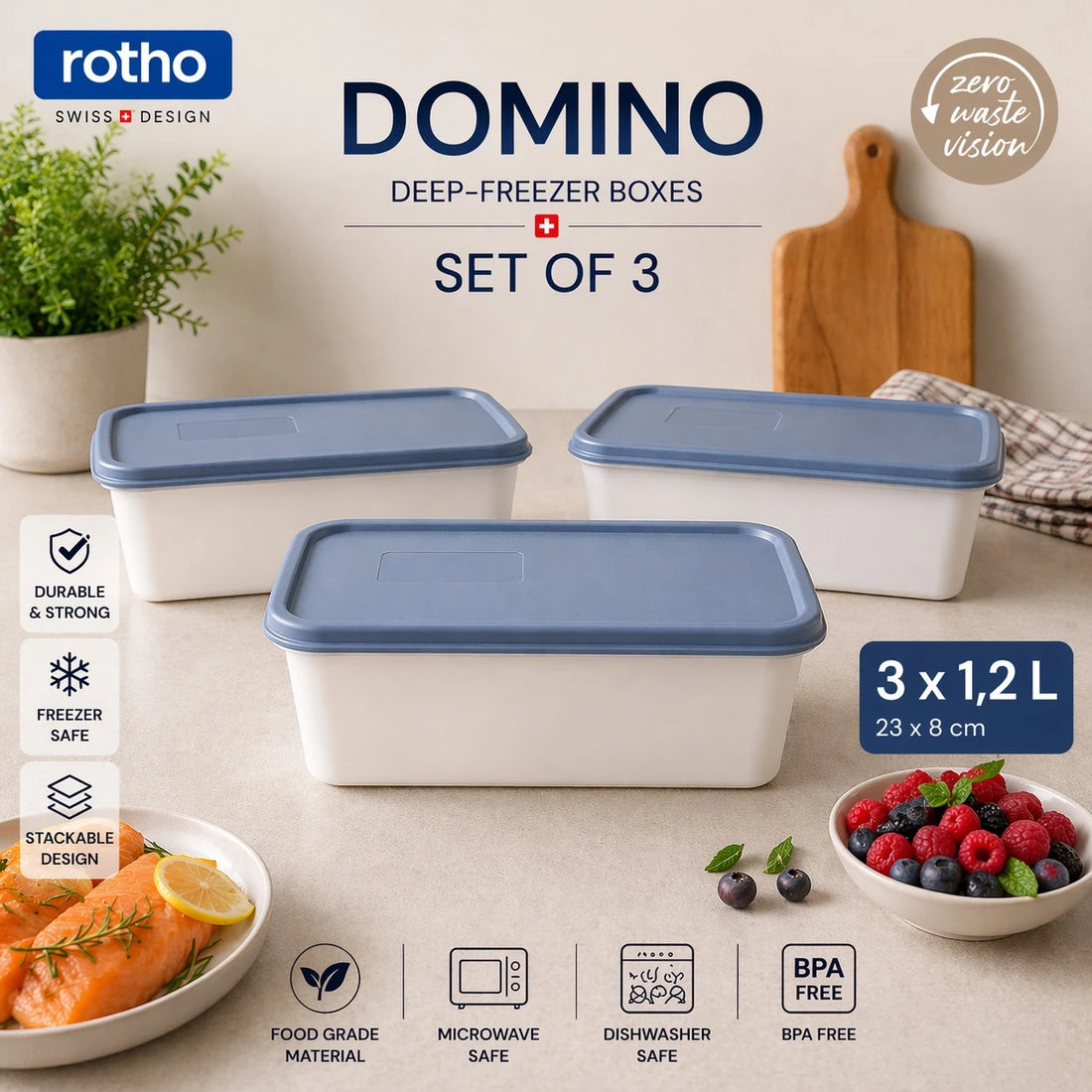 Rotho Domino Food Storage Containers Set 3 Pieces 1.2L Swiss Made Freezer Boxes Stackable BPA Free Plastic Meal Prep Kitchen Storage 23 cm 8 cm