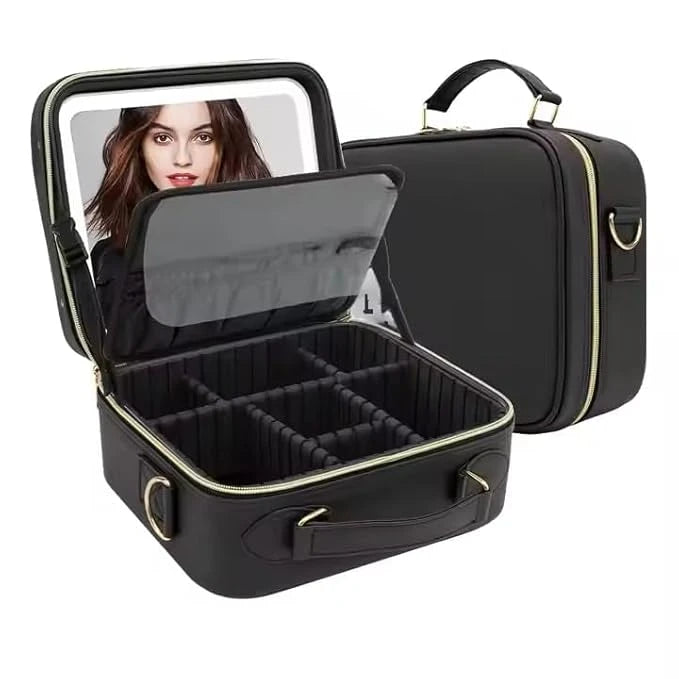 LED Mirror Makeup Organizer Case with Rechargeable Light | Portable Cosmetic Storage Travel Beauty Case