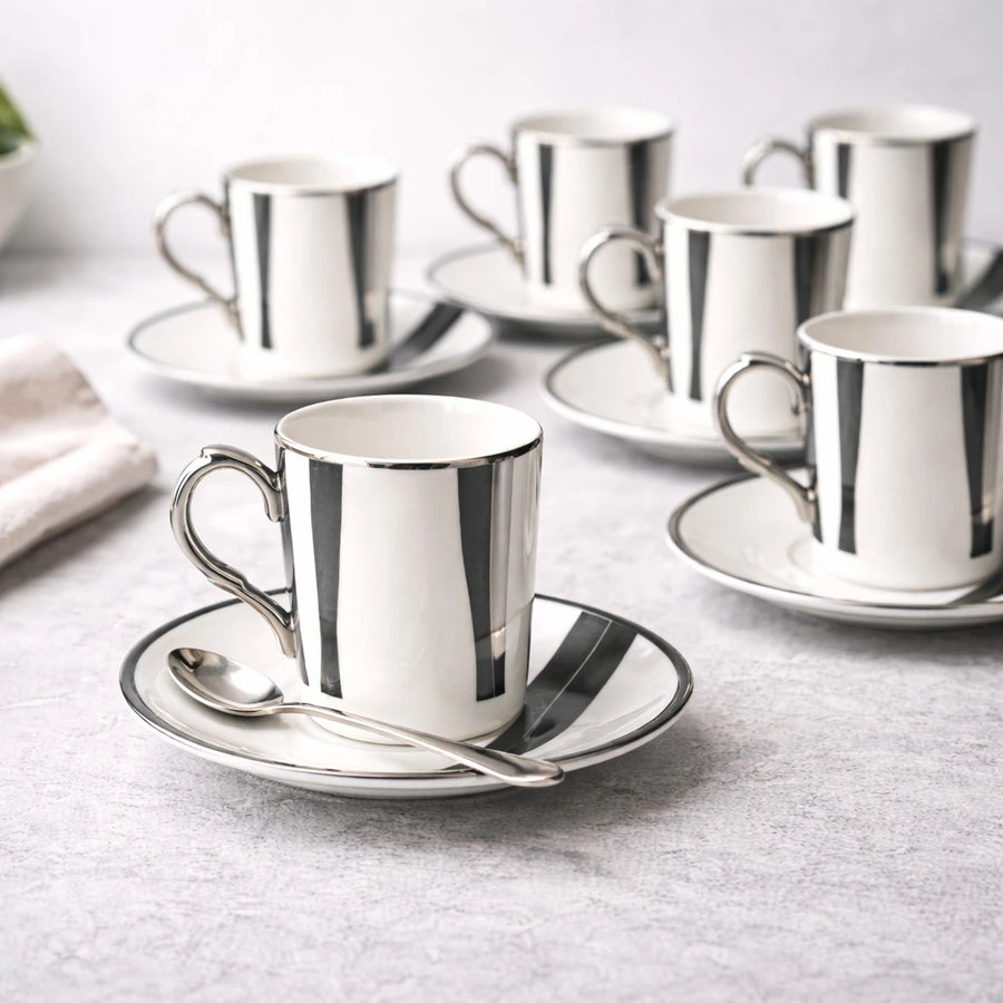 Porcelain Coffee Cup Set of 6 Turkish Coffee Espresso Cups Silver Stripe Luxury Drinkware