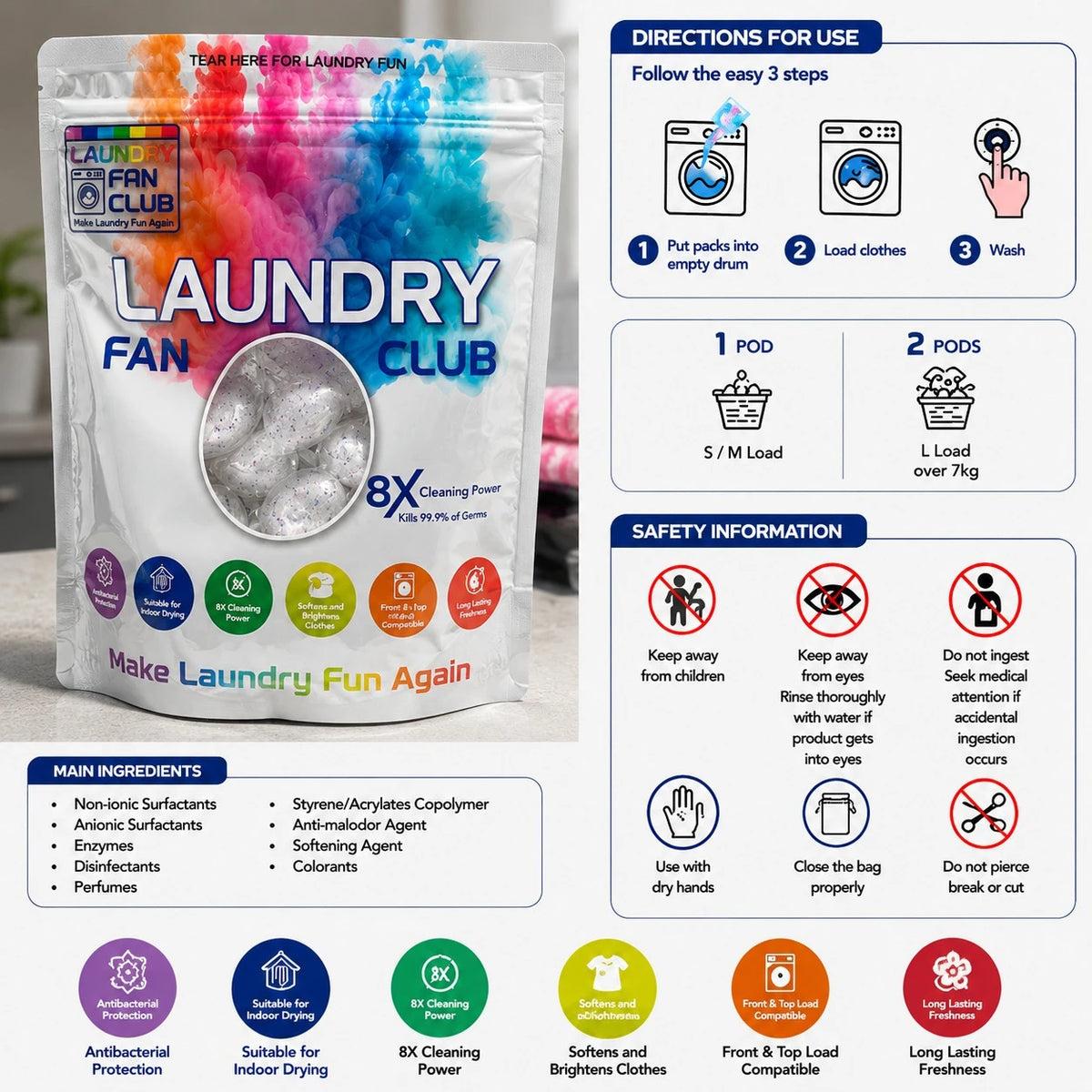 Laundry Fan Club Laundry Pods Detergent Capsules 30 PCS 8X Cleaning Power Long Lasting Freshness - Image 2