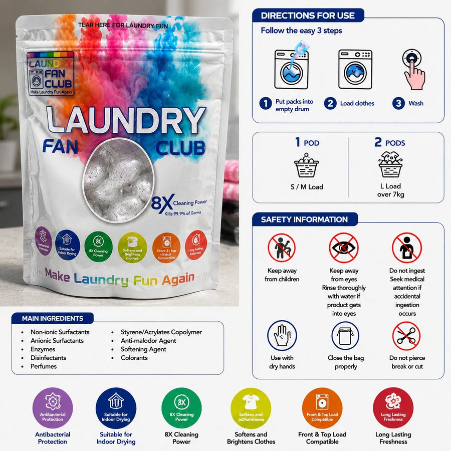 Laundry Fan Club Laundry Pods Detergent Capsules 30 PCS 8X Cleaning Power Long Lasting Freshness
