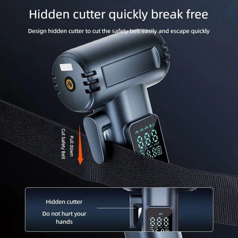 Emergency Car Tire Inflator with Safety Hammer & Belt Cutter