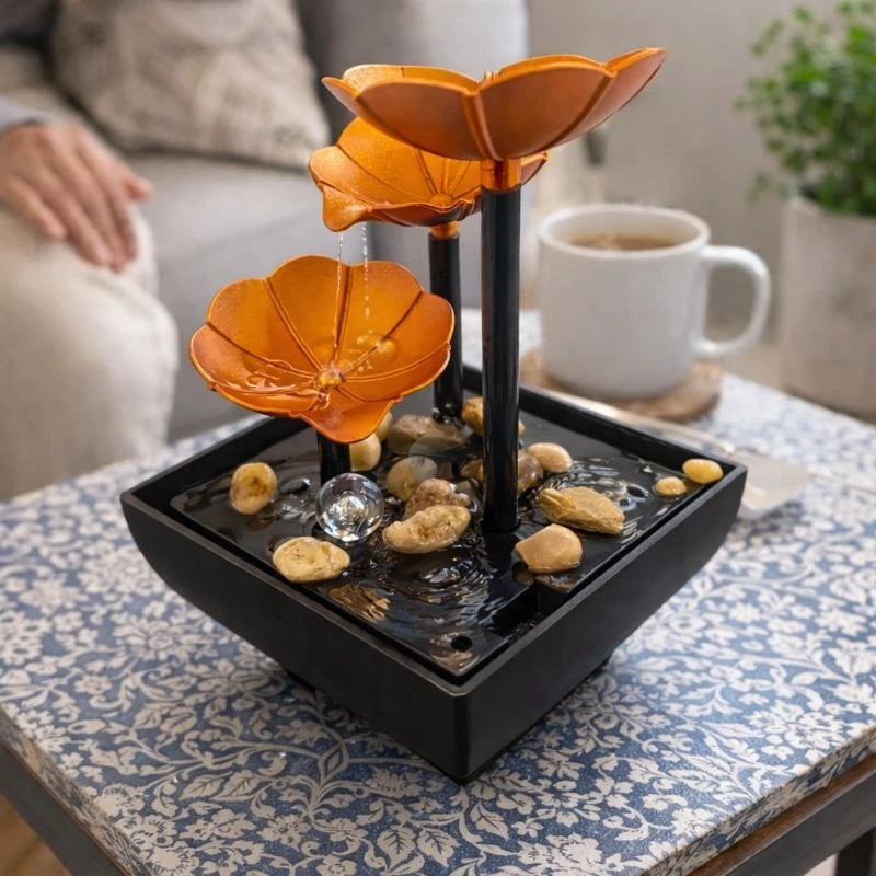 Indoor Tabletop Water Fountain Lotus Zen Decorative Waterfall Feng Shui Home Office Desk Relaxation Decor