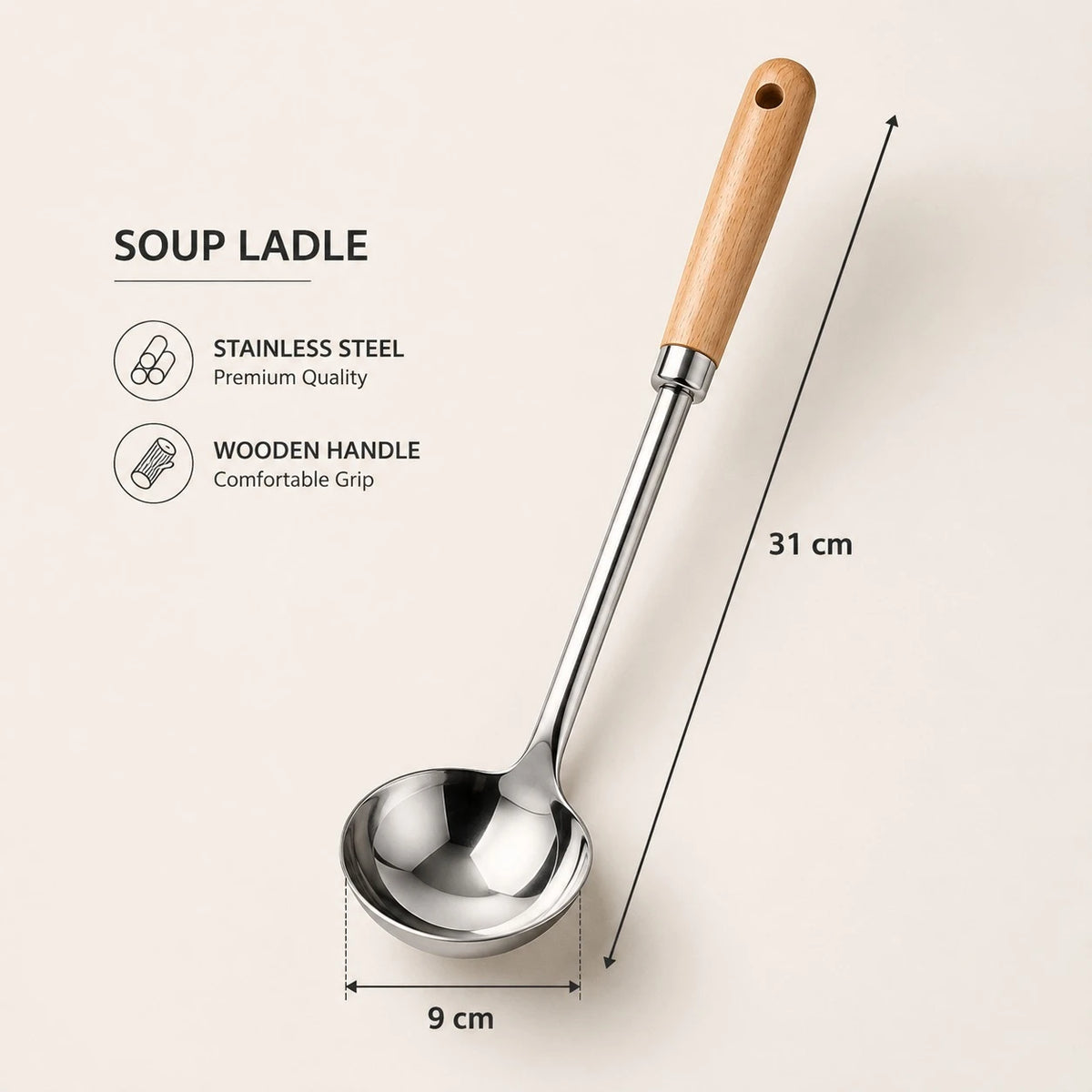 Adawat Stainless Steel Soup Ladle Serving Spoon Wooden Handle Kitchen Soup Server Gravy Ladle Sauce Spoon Cooking Utensil