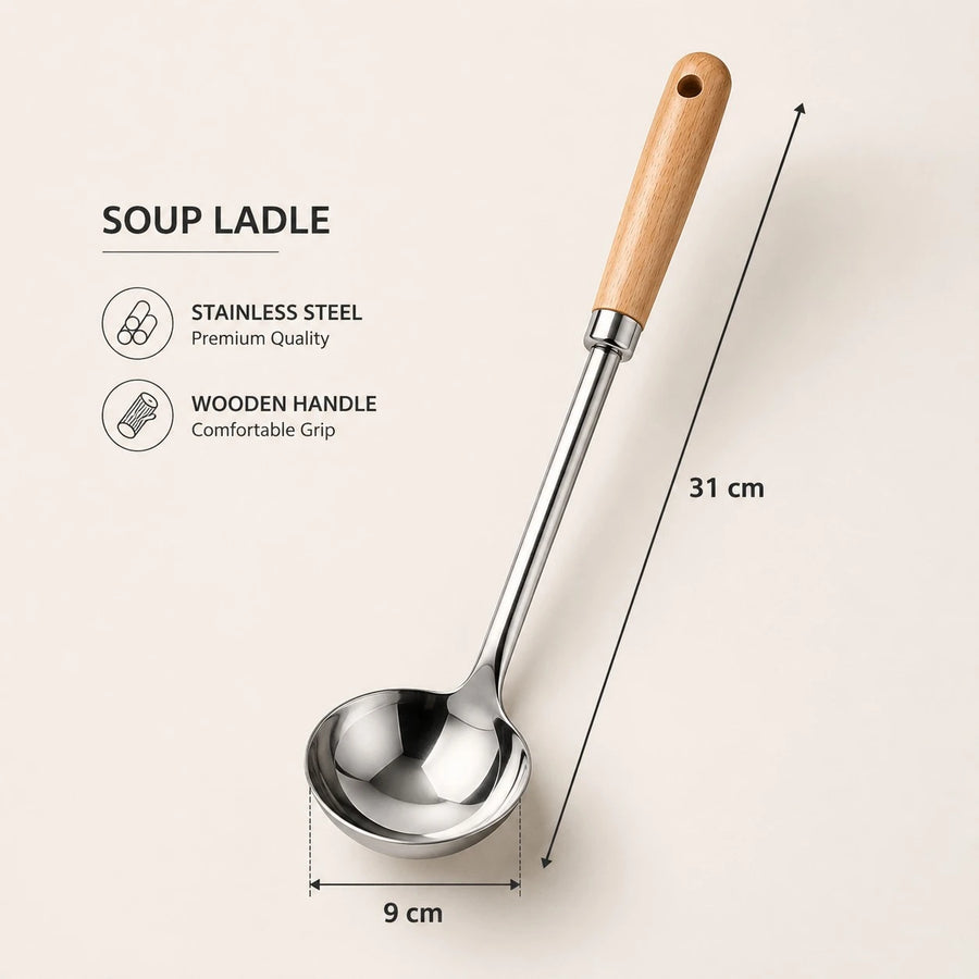 Adawat Stainless Steel Soup Ladle Serving Spoon Wooden Handle Kitchen Soup Server Gravy Ladle Sauce Spoon Cooking Utensil