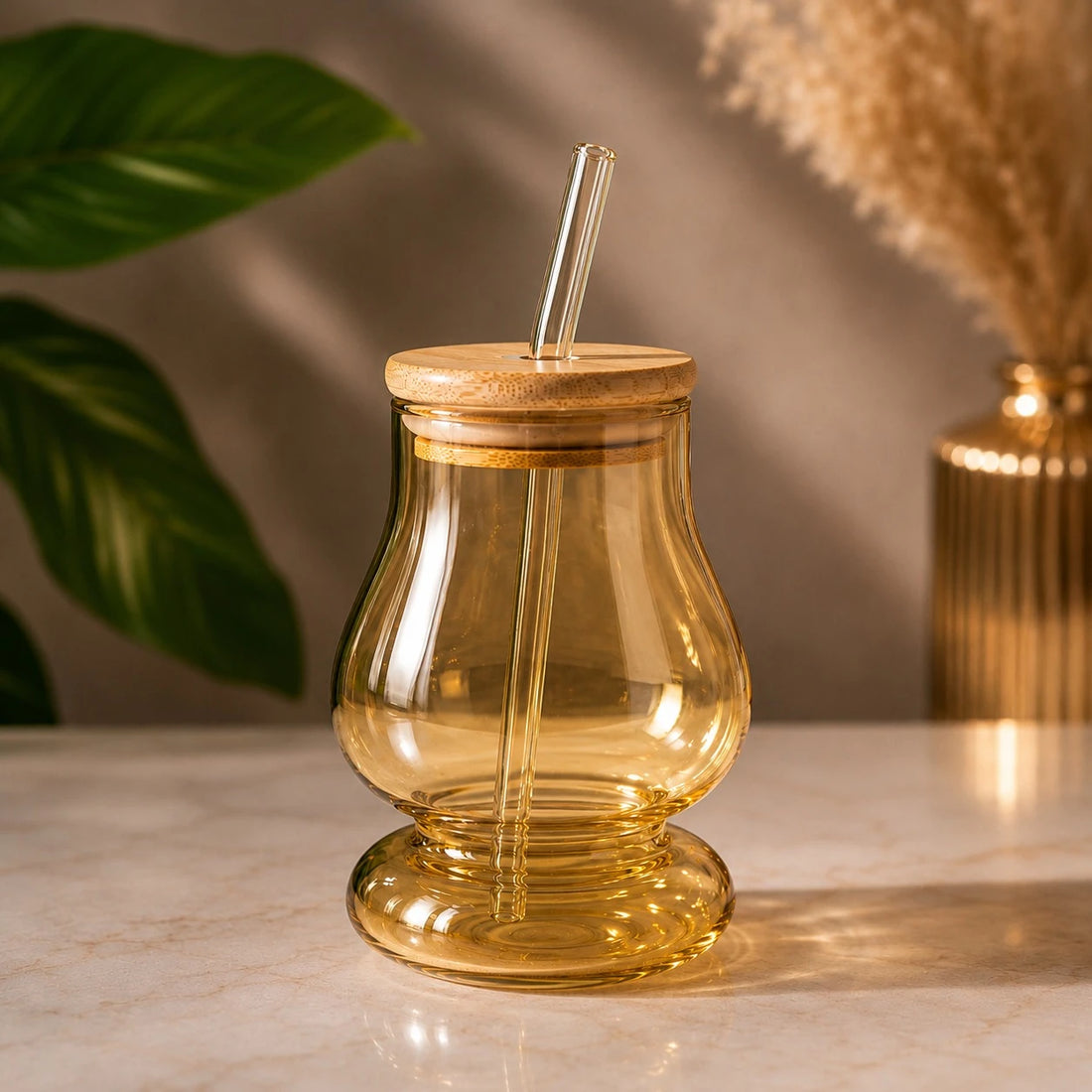 Golden Glass Juice Cup With Bamboo Lid Glass Straw Smoothie Lemonade Iced Coffee Drinking Glass 13.5 cm