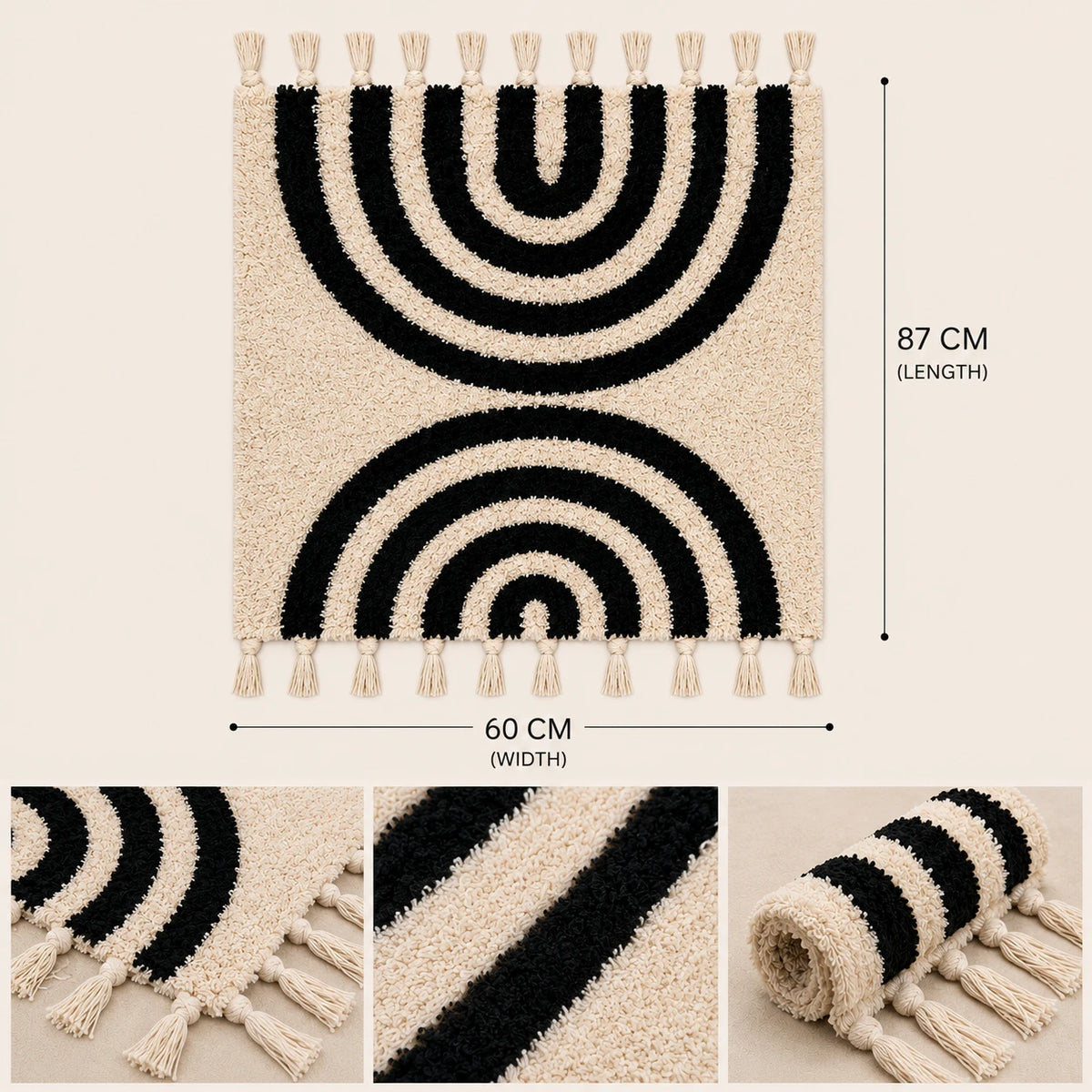 Boho Shaggy Tassel Rug with Black Geometric Pattern Soft Decorative Area Rug