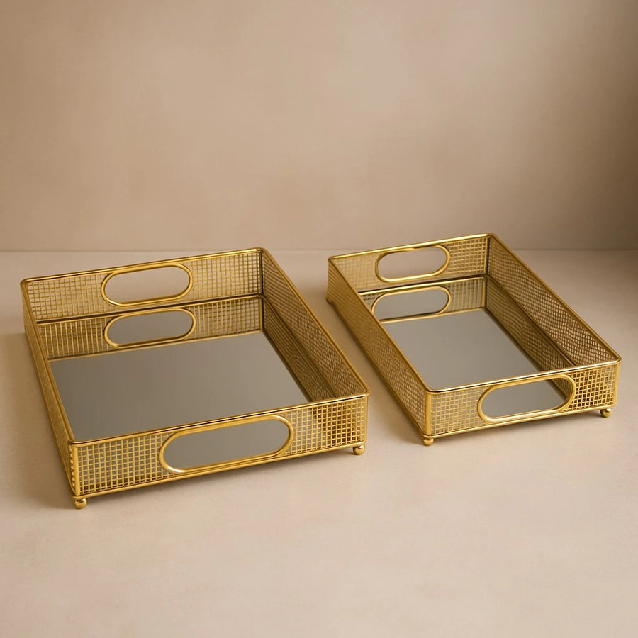 Gold Mesh Mirror Serving Trays 2 Pcs Set, 35×25 cm & 30×20 cm