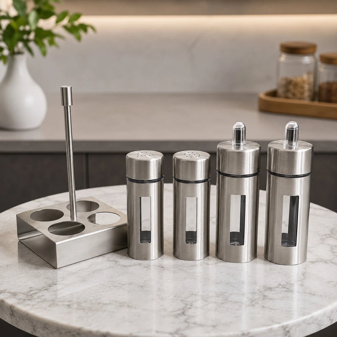 304 Stainless Steel Oil & Vinegar Bottle Set with Salt & Pepper Shakers and Holder 5 Piece Condiment Set