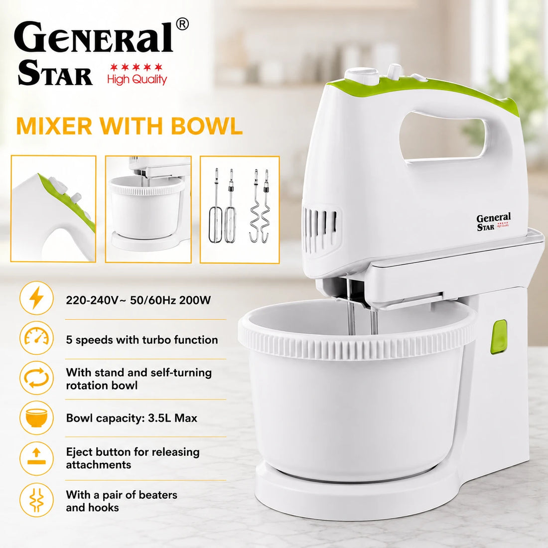 Mixer With Bowl Electric Hand Mixer Dough Hooks Beaters Baking Mixer Kitchen Appliance