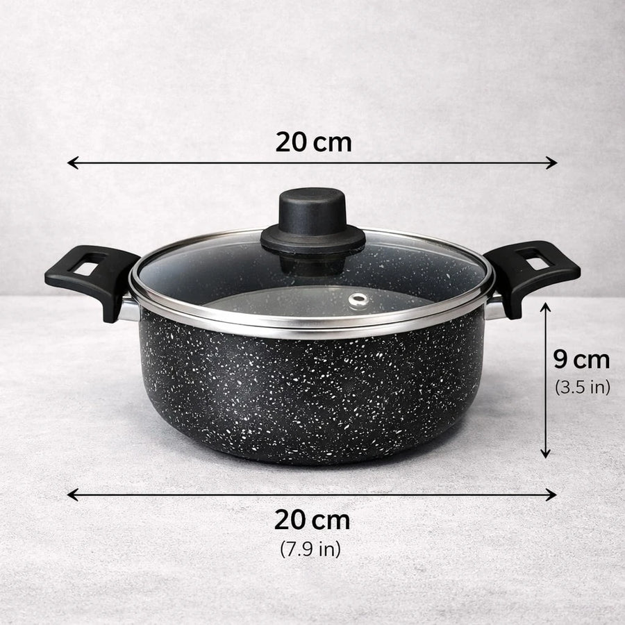 Cookware Set Granite Non Stick Pots Pans Black Speckled Glass Lid Turkish Made 7 Pieces