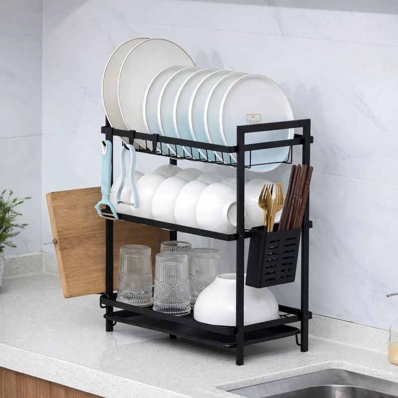 3-Level Countertop Dish Organizer Rack with Drain Tray & Utensil Basket – Black