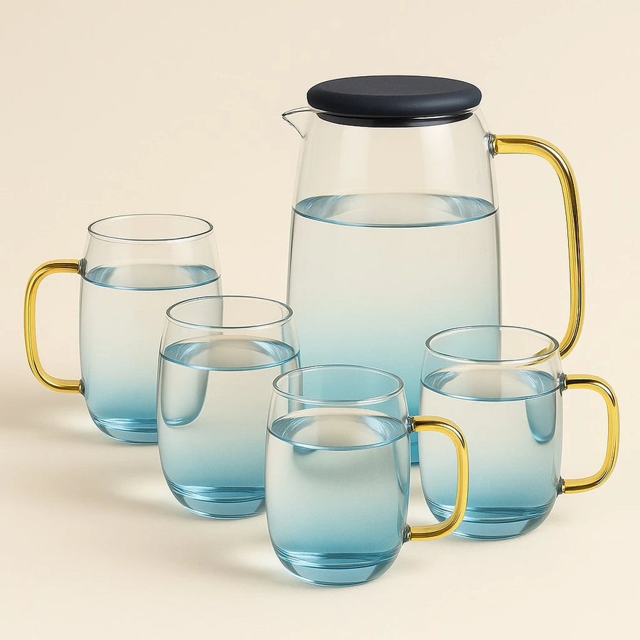Glass Pitcher Set with Gold Handle