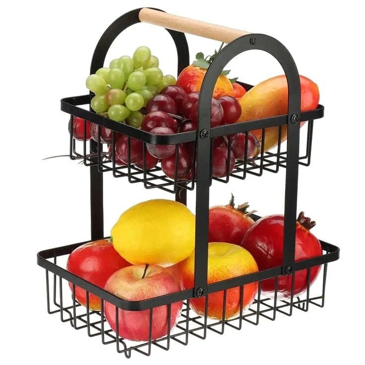 2 Tier Metal Fruit Basket Organizer with Modern Black Finish for Kitchen Countertop and Dining Table