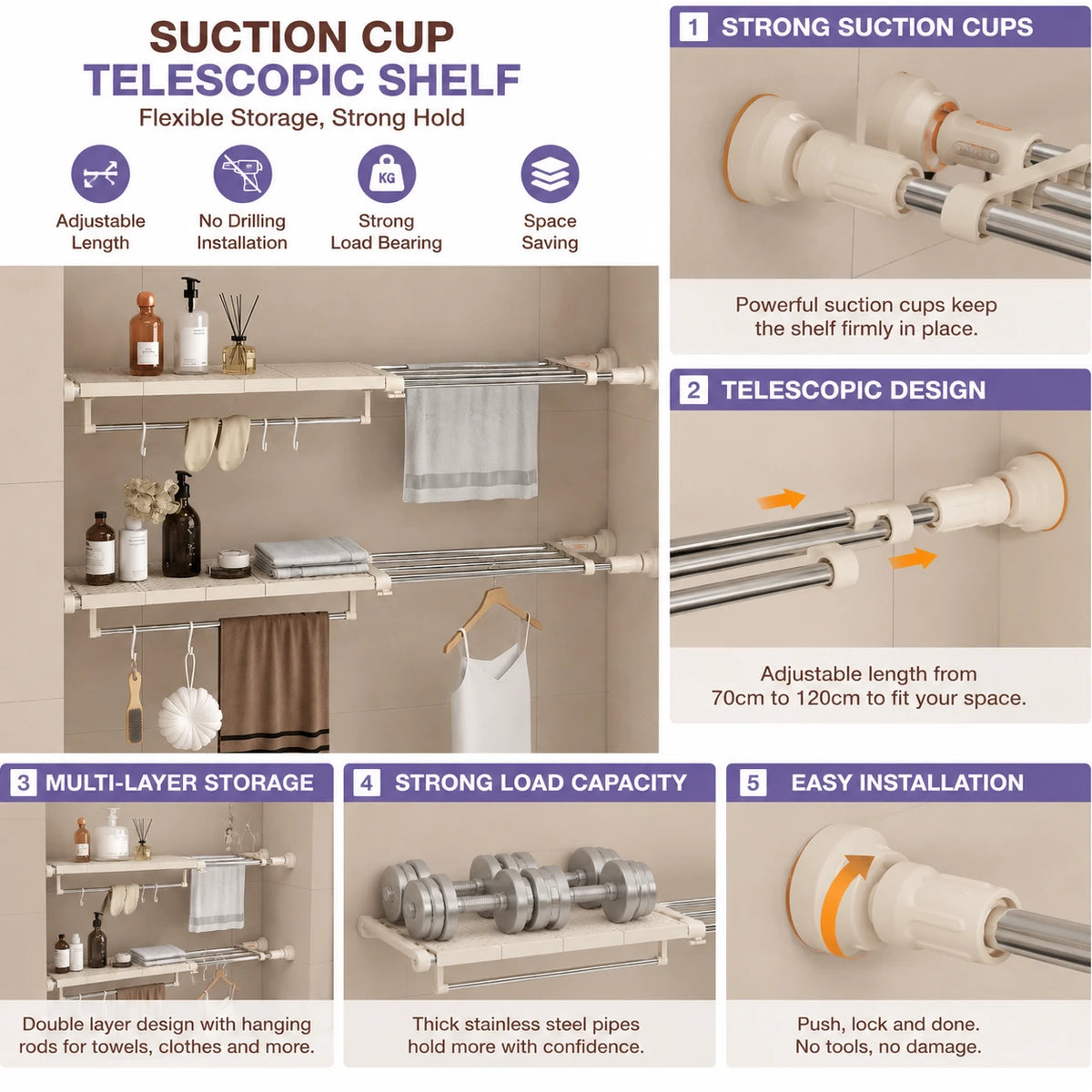 Adjustable Telescopic Storage Shelf with 2 Tiers and Hanging Rods 90–160 cm