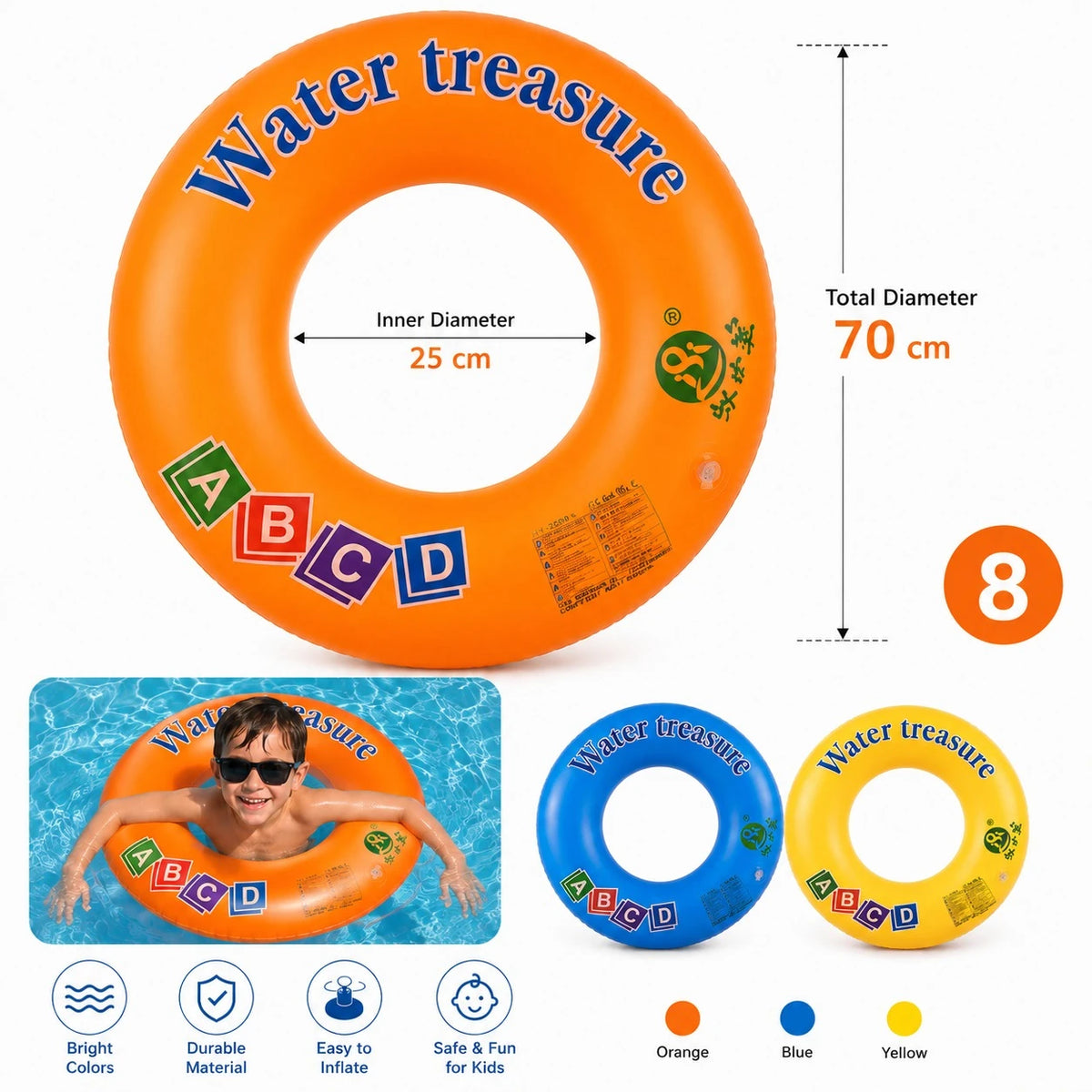 Adult Swim Ring 80 cm Large Inflatable PVC Pool Float Number 9 Orange Blue Yellow