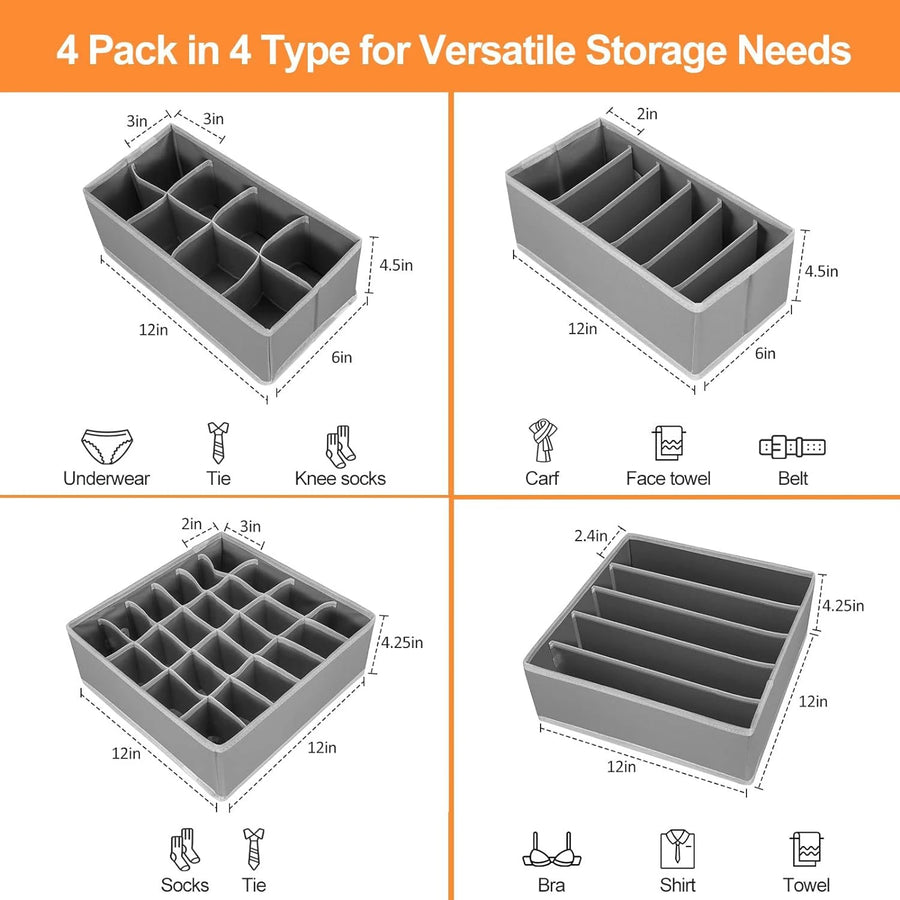 4-Piece Foldable Drawer Organizer Storage Box Set for Clothes Underwear Socks Bras