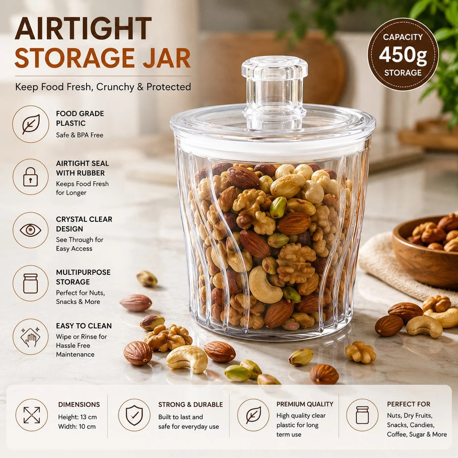 Airtight Food Storage Jar Clear Plastic Snack Container With Rubber Seal Lid Kitchen Pantry Organizer 450g