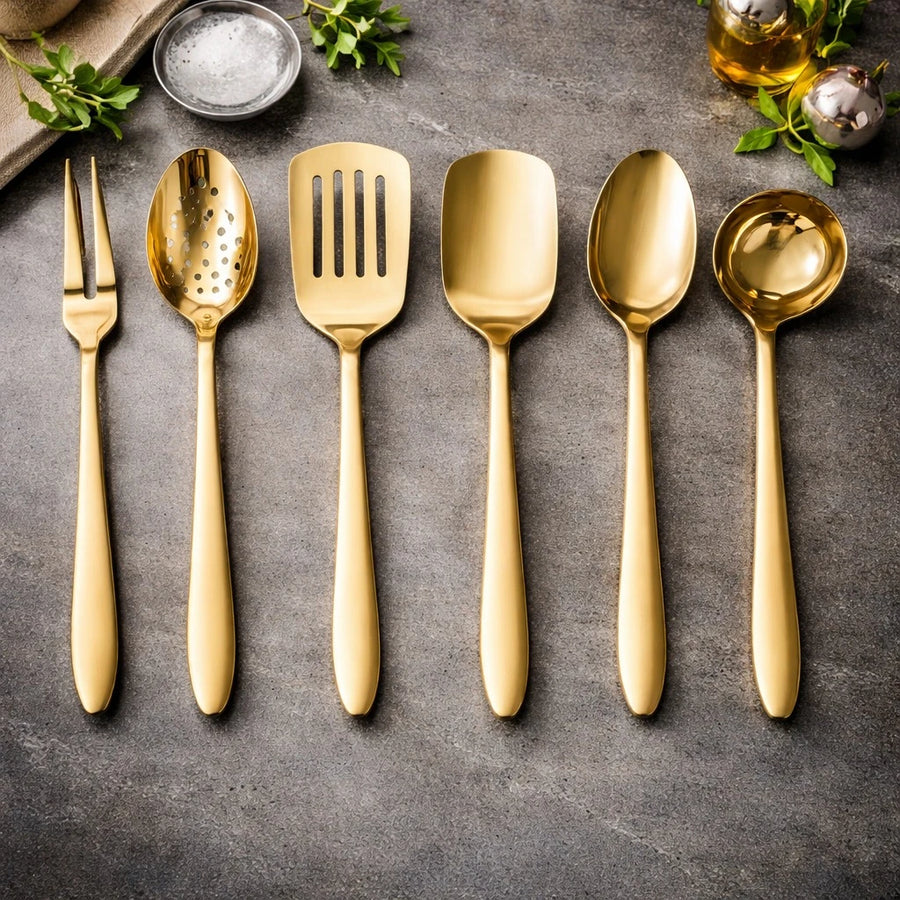 Gold Stainless Steel Kitchen Utensil Set Cooking Utensils Set Metal Cooking Tools Kitchen Serving Utensils Set of 6 Gold