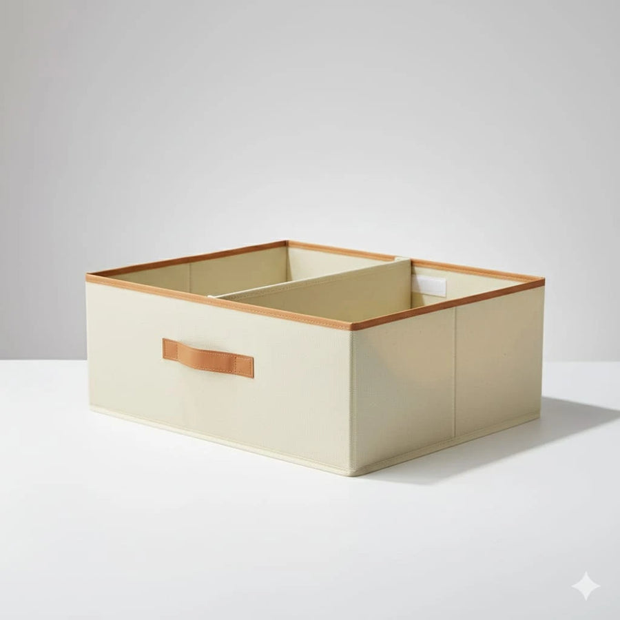 Foldable Clothes Organizer Box with 2 Sections – beige Non-Woven Wardrobe & Underbed Storage 50 × 40 × 20 cm