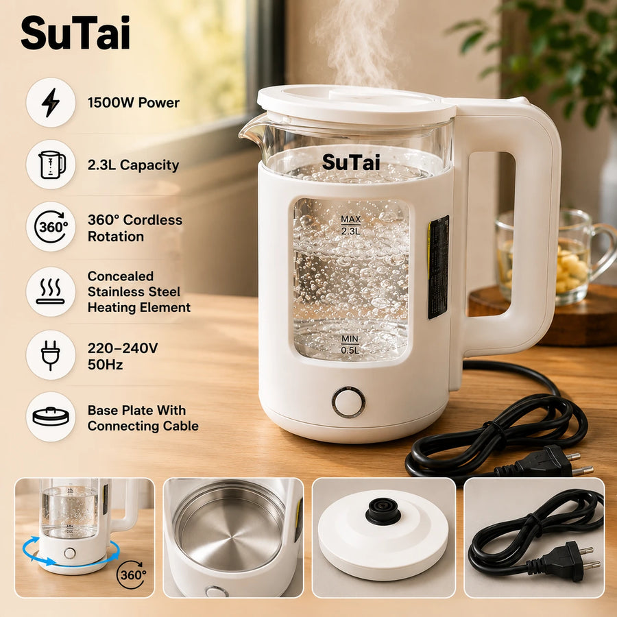 SuTai Electric Glass Kettle Water Boiler Tea Maker Cordless Kettle Stainless Steel Heating Element