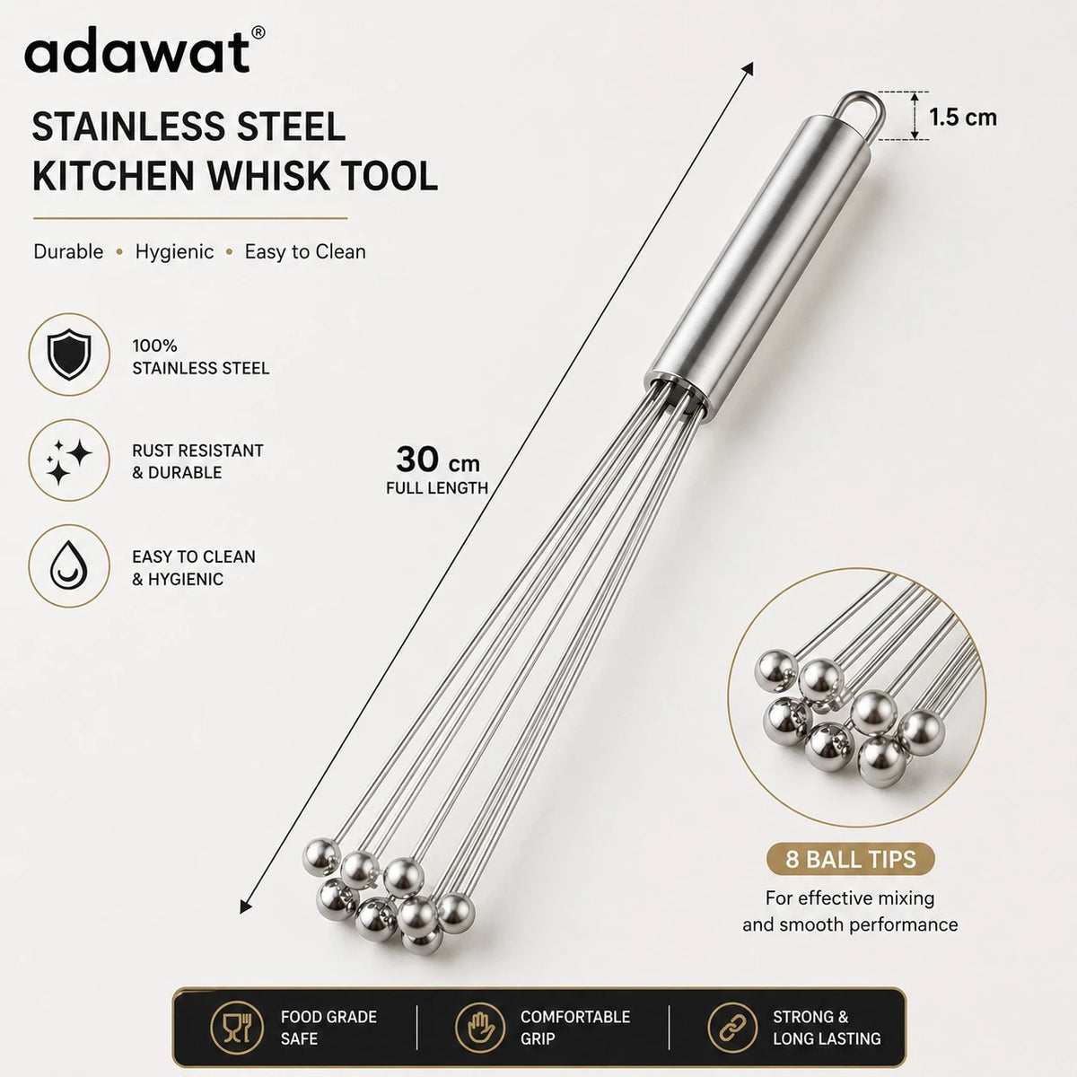Adawat Stainless Steel Ball Tip Whisk Kitchen Mixing Tool Yogurt Sauce Egg Batter Mixer 30 cm - Image 3